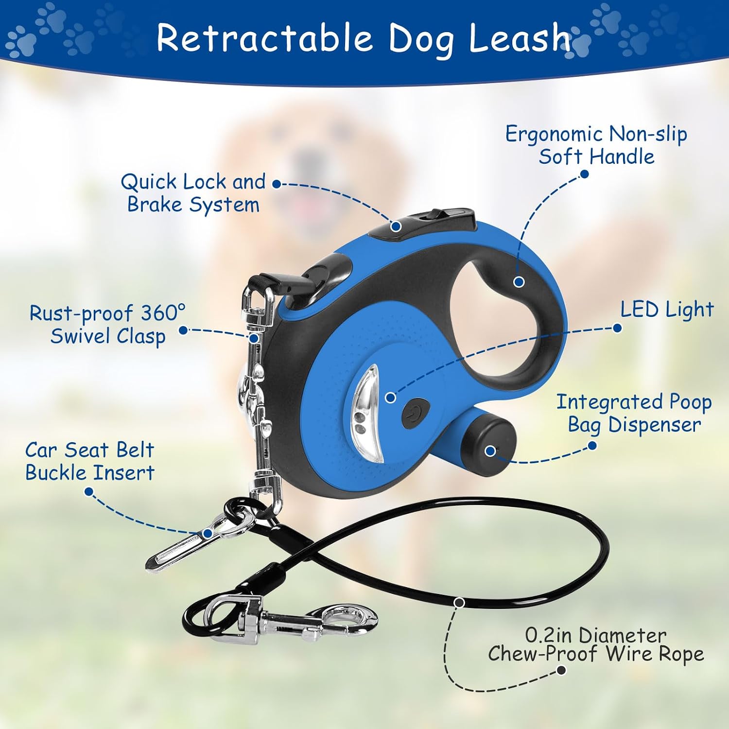 Detalle de VTOPVMAX Retractable Dog Lead (8m/26FT) with Chew-Proof Cable, LED Light & One-Hand Brake (Blue) for Medium/Large Dogs up to 50kg