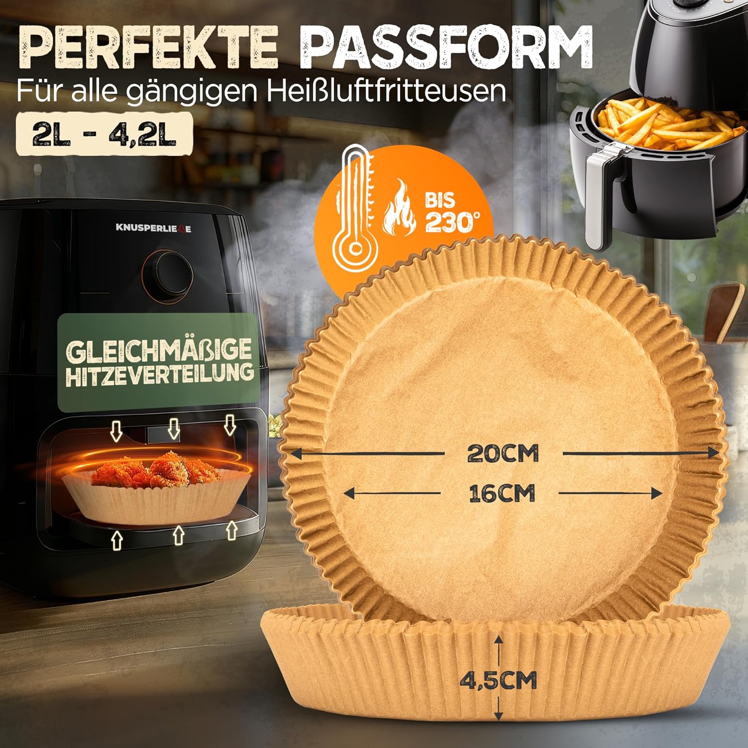 Thumbnail 1 de KNUSPERLIEBE® Backpapier für Heißluftfritteuse (Airfryer) – Rund, ölbeständig, 2–4,4 L, 16–20 cm – 100 Stück