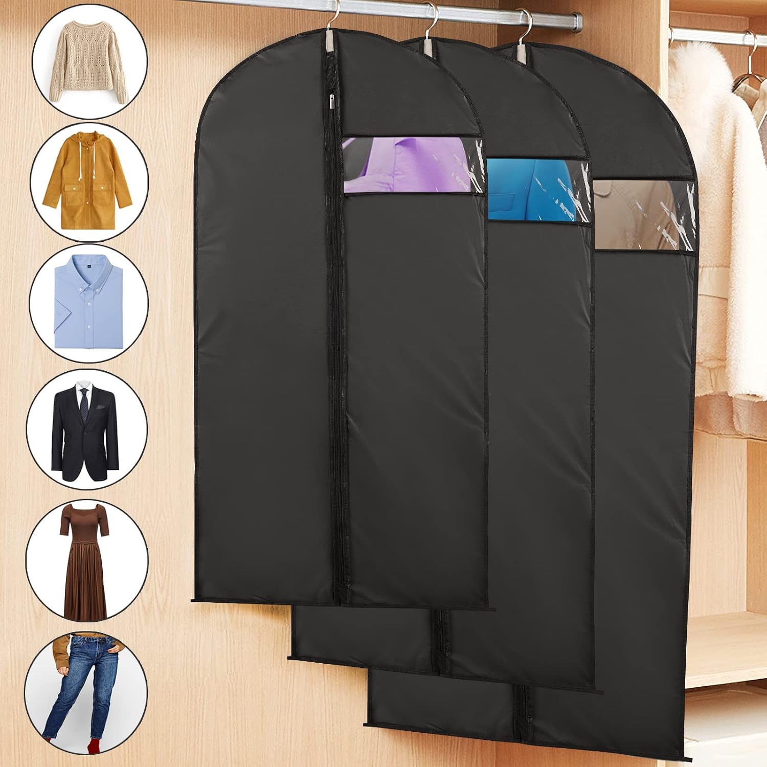 Thumbnail 4 de Niviy Suit Bags Garment Covers (60 x 100cm) – Moth Proof Clothes Protectors, Translucent PEVA, Zip Closure, 5 Pack (Black)