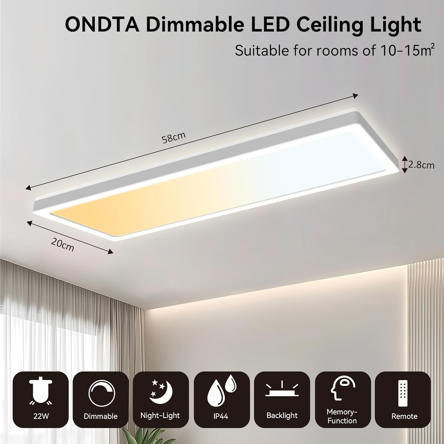 Thumbnail 1 de ONDTA Plafón LED 22W 58x20cm regulable