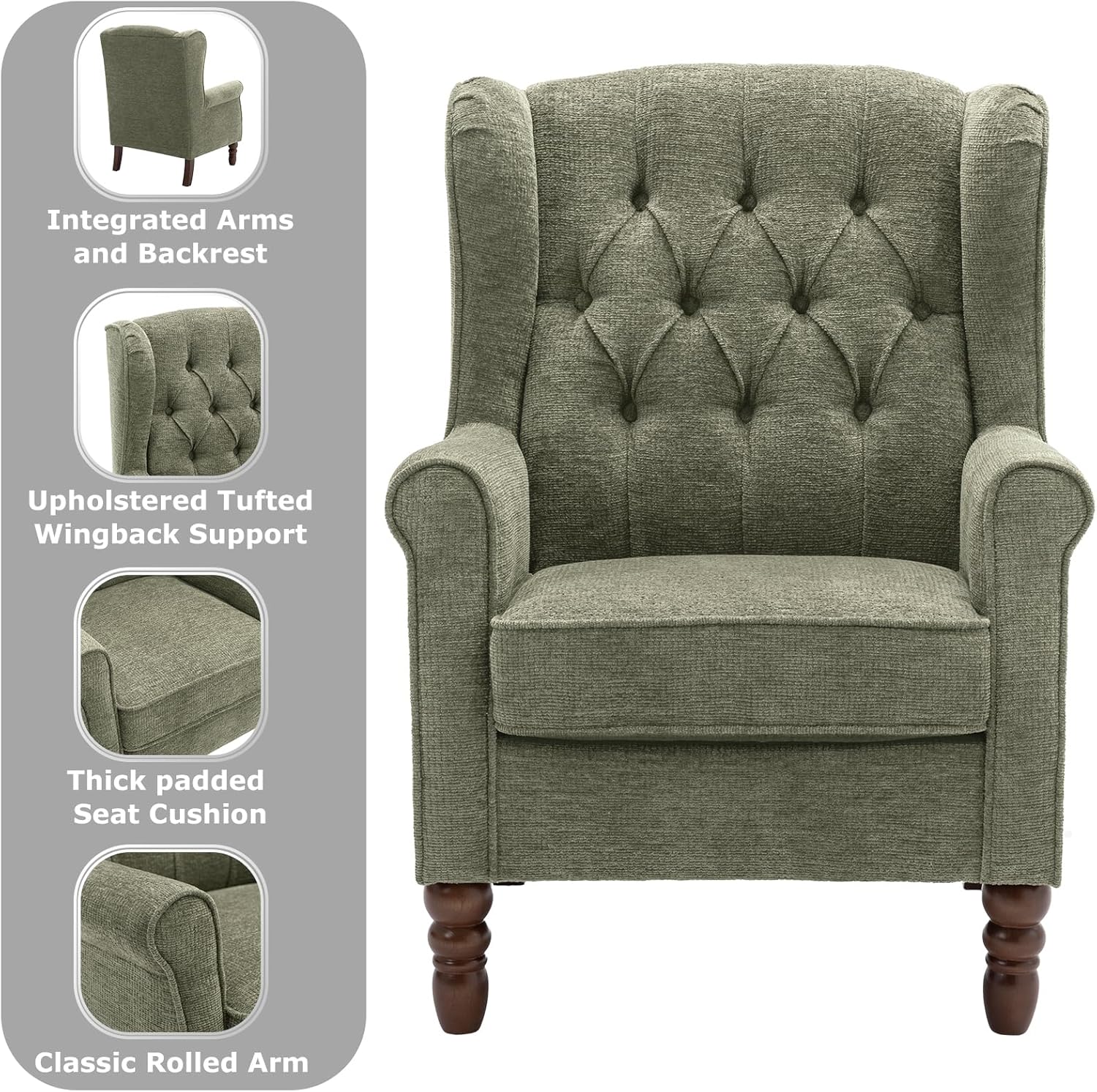 Thumbnail 3 de COLAMY Mid-Century Modern Living Room Accent Chair – Green Button-Tufted Wingback with Solid Wood Legs