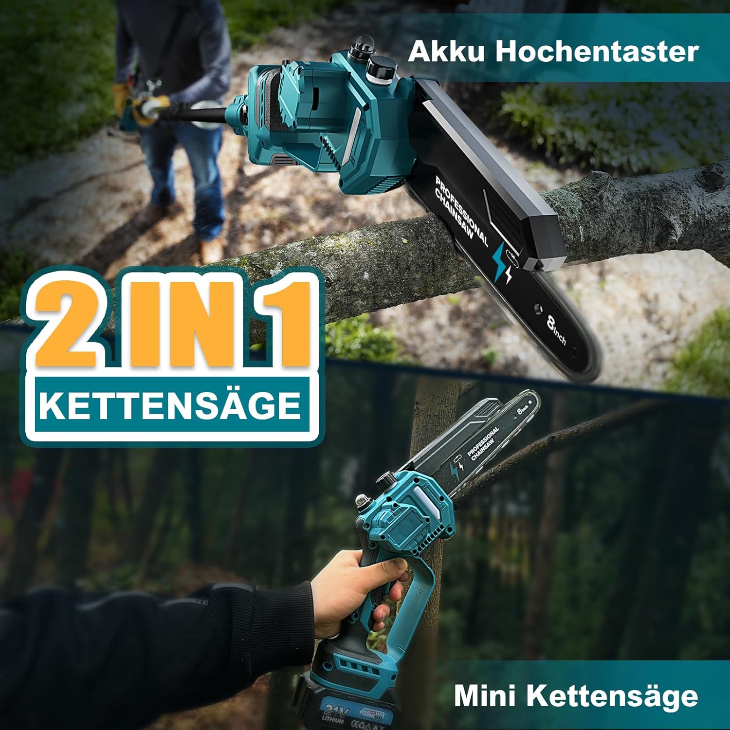 Detalle de 2-in-1 Mini Kettensäge 8 Zoll mit Teleskopstange – kabellos, 1200W, 4 m Reichweite