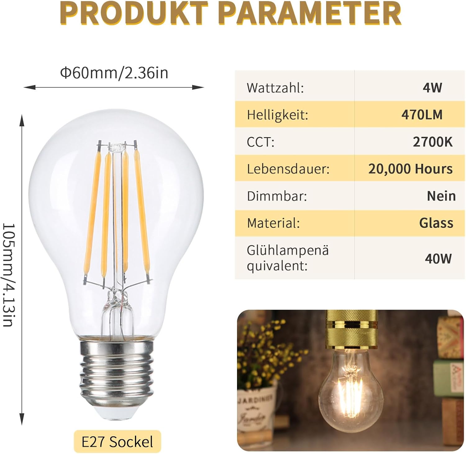 Detalle 2 de ehomeled E27 Edison Glühbirne Vintage 2700K