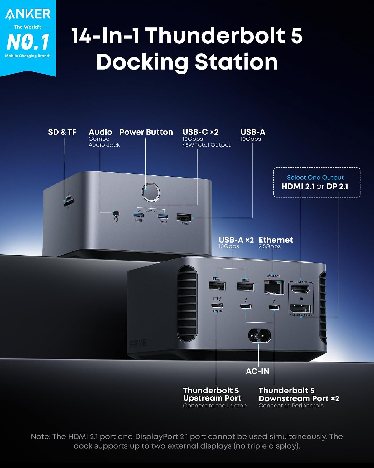Detalle de Anker Prime TB5 A83B5 14-in-1 Thunderbolt 5 Dock, 140W, 8K