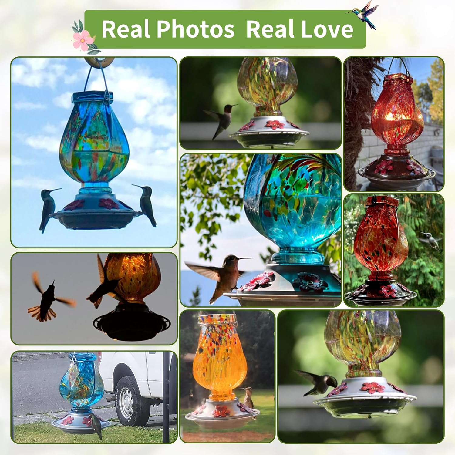 Detalle de BOLITE Hummingbird Feeder (Hand-Blown Glass) with Ant Moat and 5 Feeding Ports, 22 oz