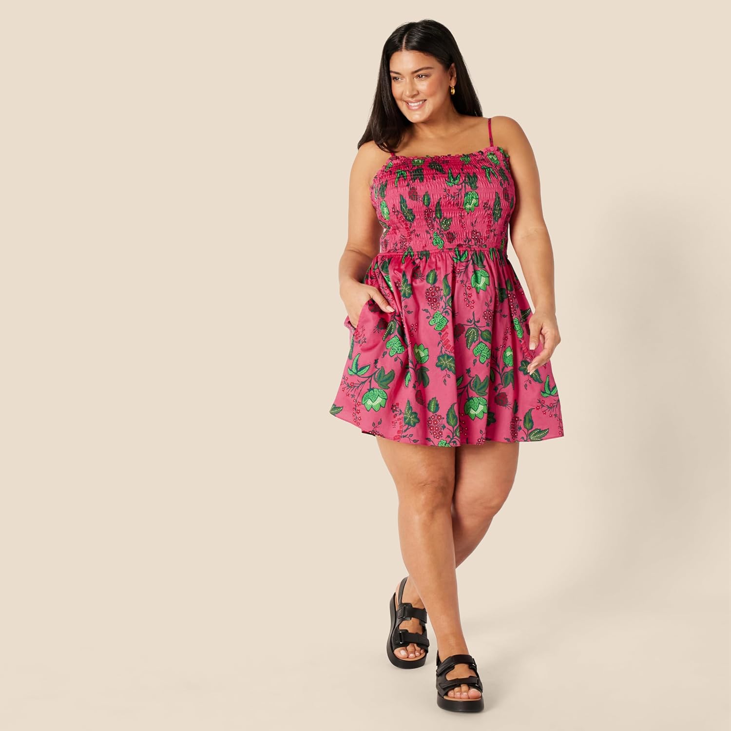 Thumbnail 5 de Damen Regular-Fit-Kurzkleid aus Baumwollsatin mit gesmoktem Mieder