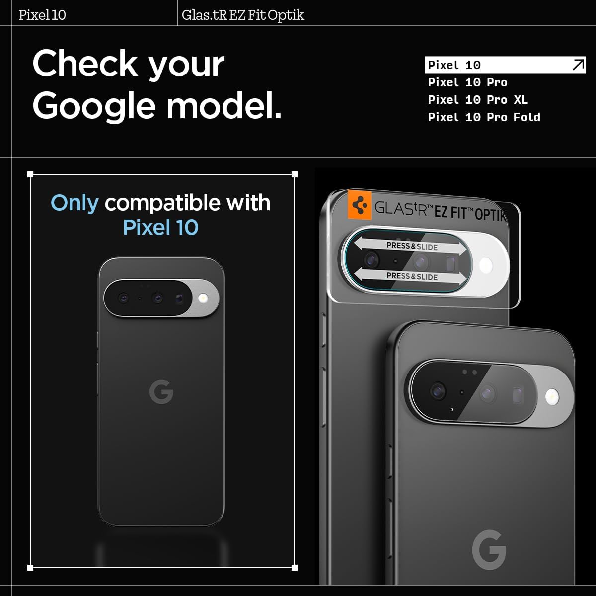 Detalle de Spigen Glas.tR EZ Fit Optik protezione fotocamera per Google Pixel 10, pellicola 9H trasparente (2 pezzi)