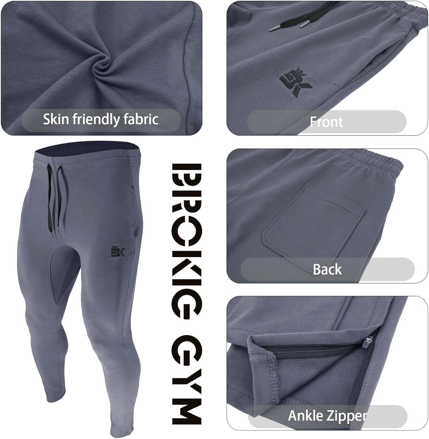 Thumbnail 4 de BROKIG Mens Zip Gym Joggers: Slim Fit Running Tracksuit Bottoms