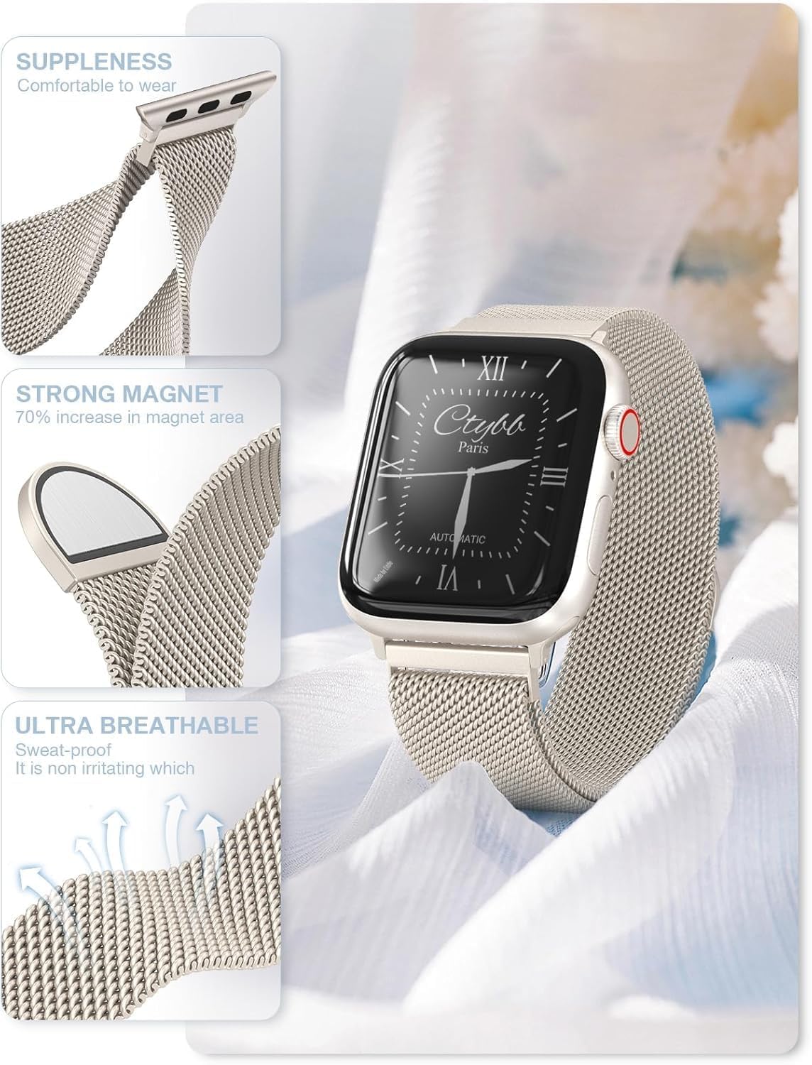 Detalle de ORRLBB Magnetic Stainless Steel Strap for Apple Watch (Varied Sizes) with Adjustable Magnetic Clasp