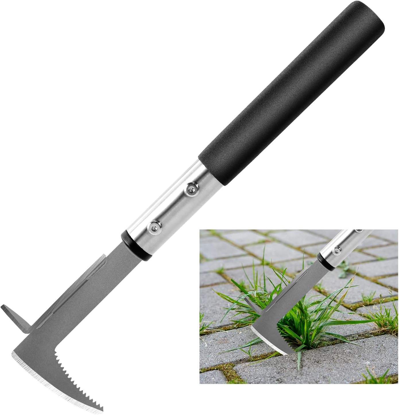 Detalle de BARAYSTUS Estirpatore Erbacce Manuale: Raschietto per Fughe con Impugnatura da 33 cm, Bordo Seghettato in Acciaio Inox