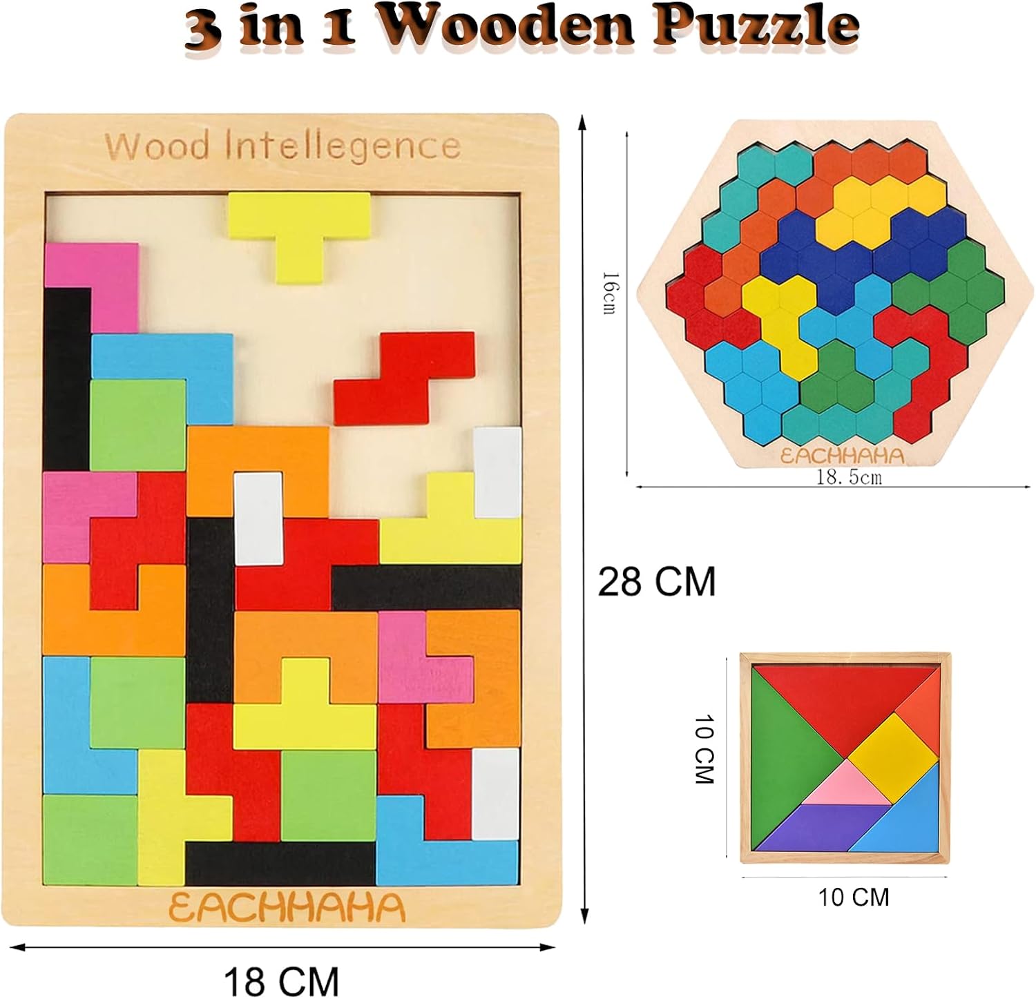 Detalle 2 de EACHHAHA 3 in 1 Wooden Intelligence Puzzles Set — Tangram toys 🧩