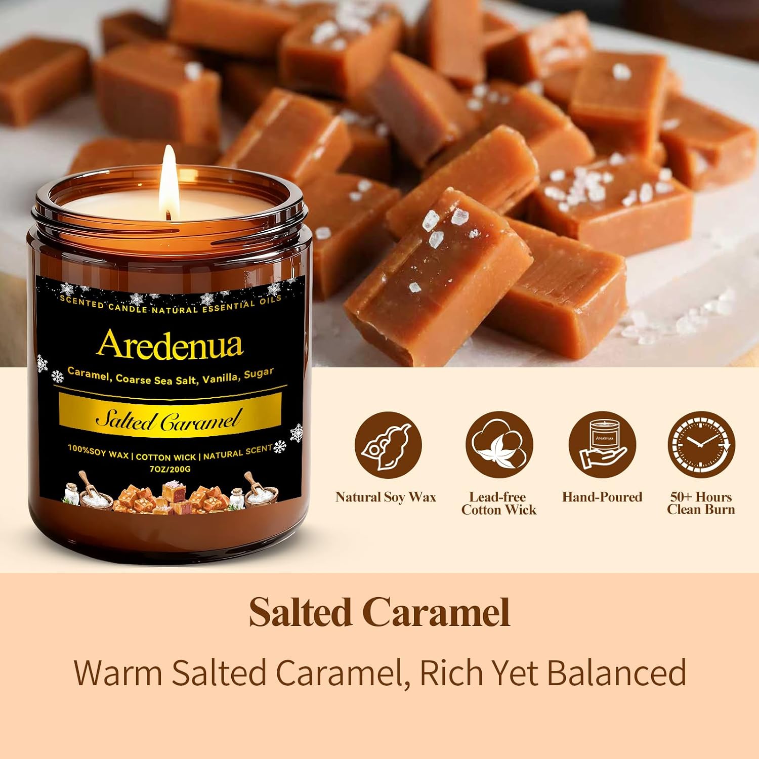 Detalle 2 de Salted Caramel Candle | Odor Eliminating Soy Candle, 7oz, Up to 50 Hours Burn Time