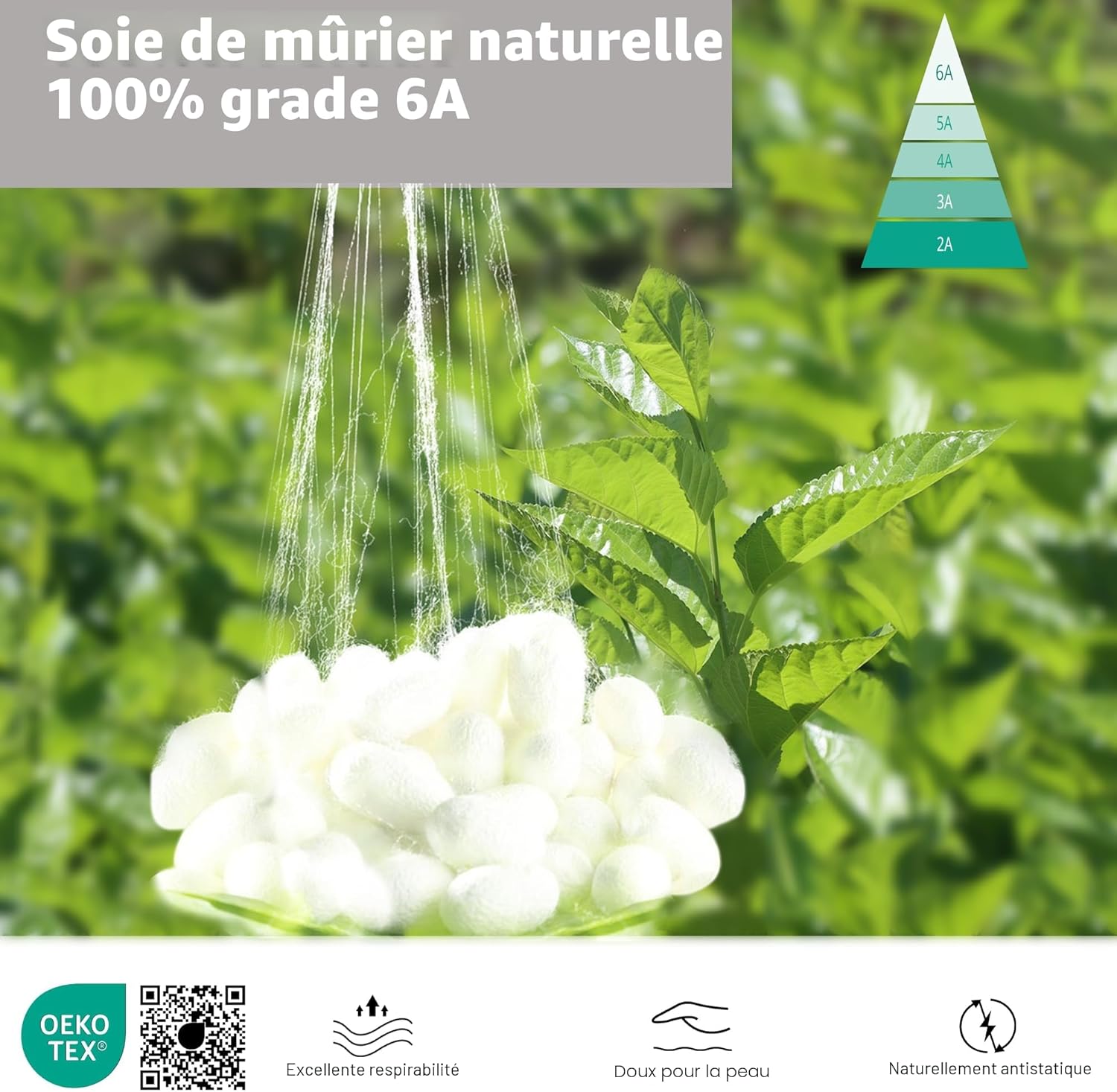 Detalle de Taie d’oreiller en soie Townssilk 65x65 cm – 100% soie de mûrier 19 Momme, deux faces, OEKO-TEX, taupe