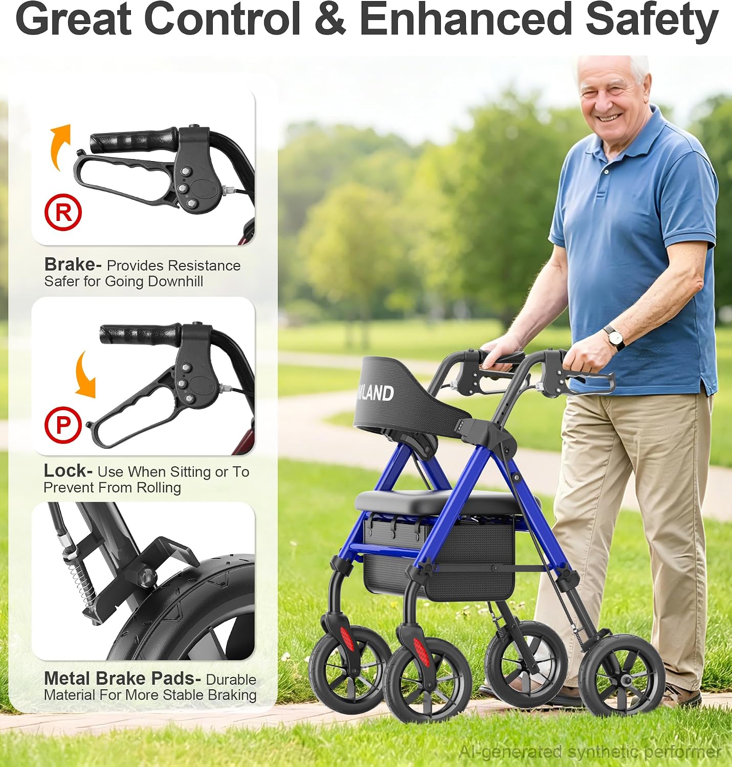 Thumbnail 5 de HOMLAND Walkers for Seniors with Seat – Foldable rollator with 8" all-terrain wheels, height adjustment and cup holder