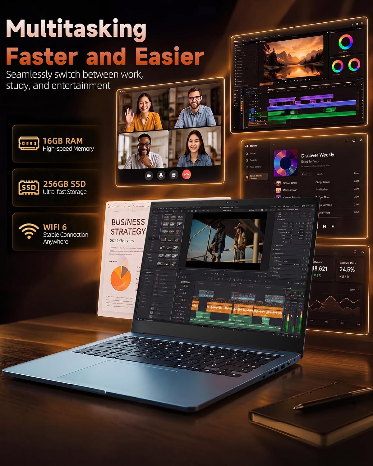 Detalle de Liuord Laptop 18,5 Zoll mit FHD-Display – 16GB RAM, 256GB SSD, AI-Unterstützung, Deutsche Tastatur