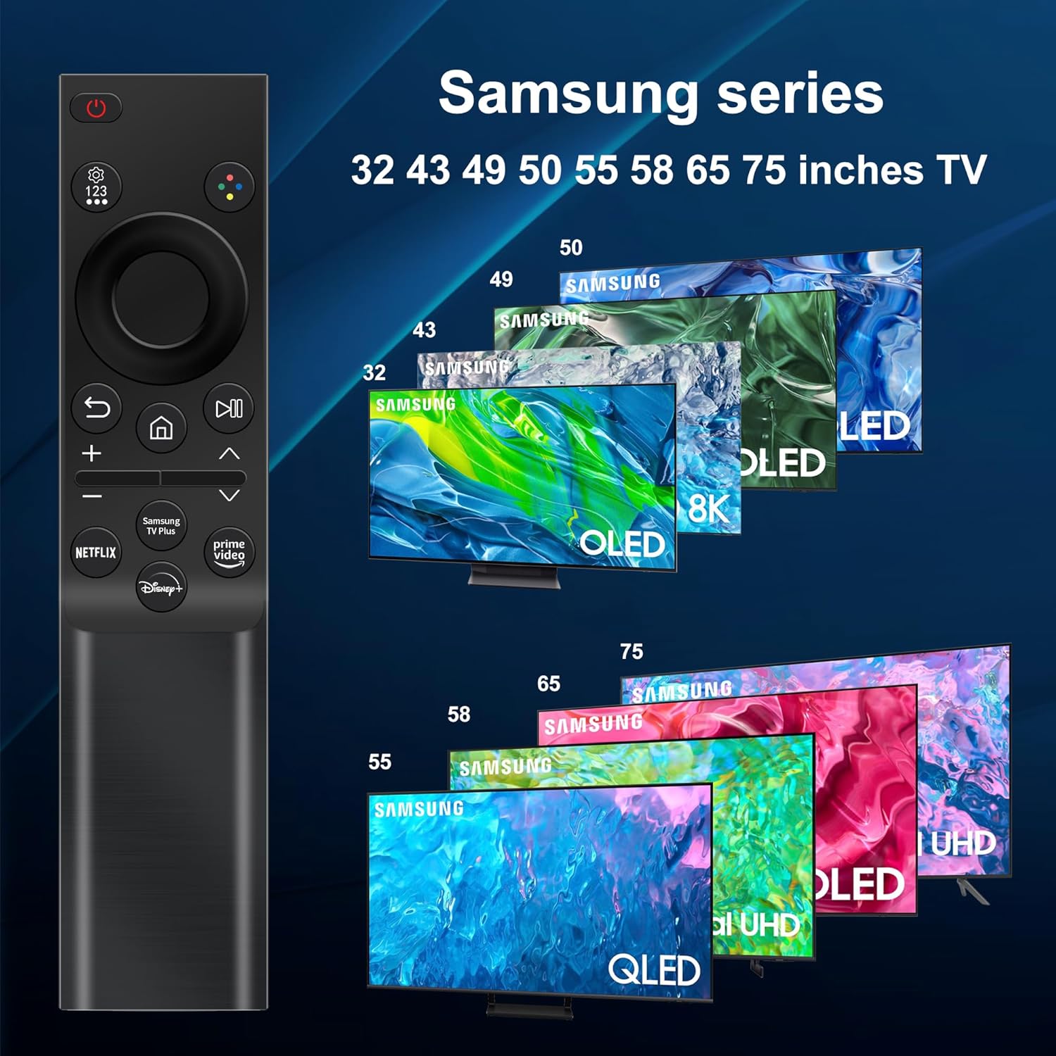Detalle de Universal Remote Control (Pack of 2) Replacement for Samsung Smart TVs – IR Remote with Netflix, Prime Video, Disney+ and Samsung TV Plus Buttons