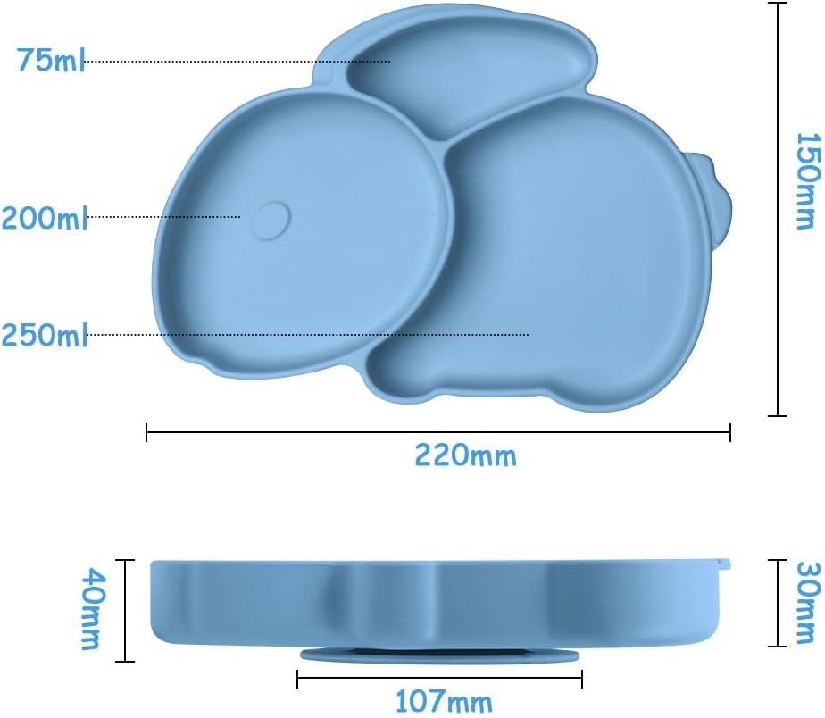 Thumbnail 1 de Vicloon Piatto per Bambini in Silicone con 3 Aree e Ventosa Blu Coniglio