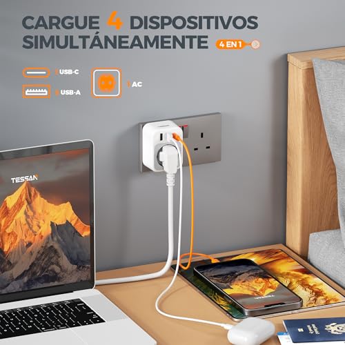 Detalle de TESSAN Paquete de 2 Adaptador Enchufe UK 4 en 1 con USB C y USB A
