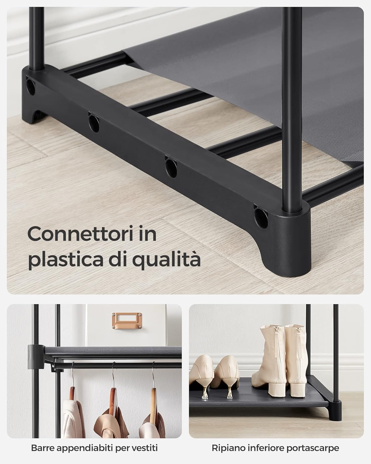 Detalle de SONGMICS Armadio Portatile in Tessuto con 2 Barre Appendiabiti – Grigio, 140 × 43 × 174 cm