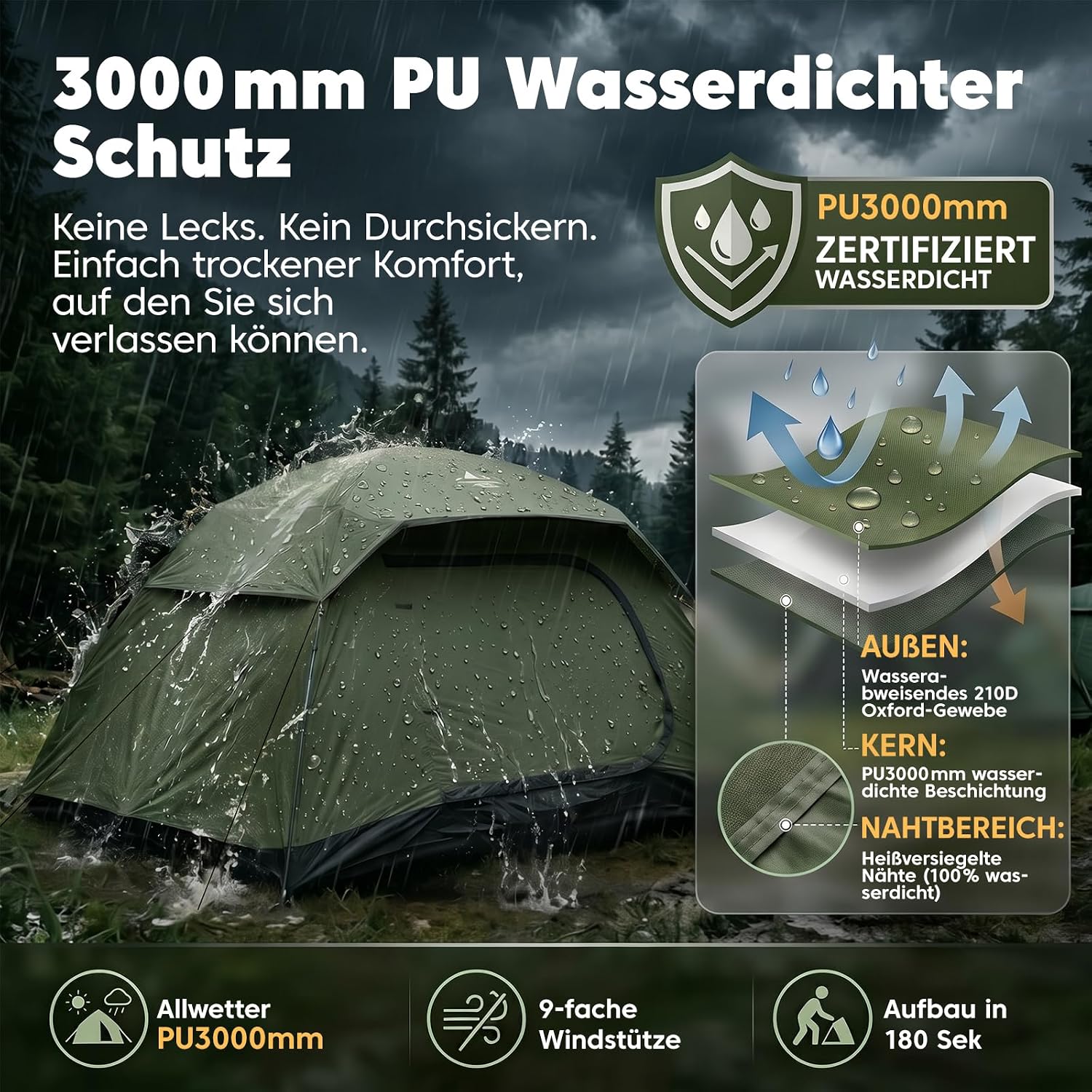 Detalle de Purebox Zelt Campingzelt 4 Personen – stabiles Stangenzelt, wasserdicht & windstabil, Armygrün