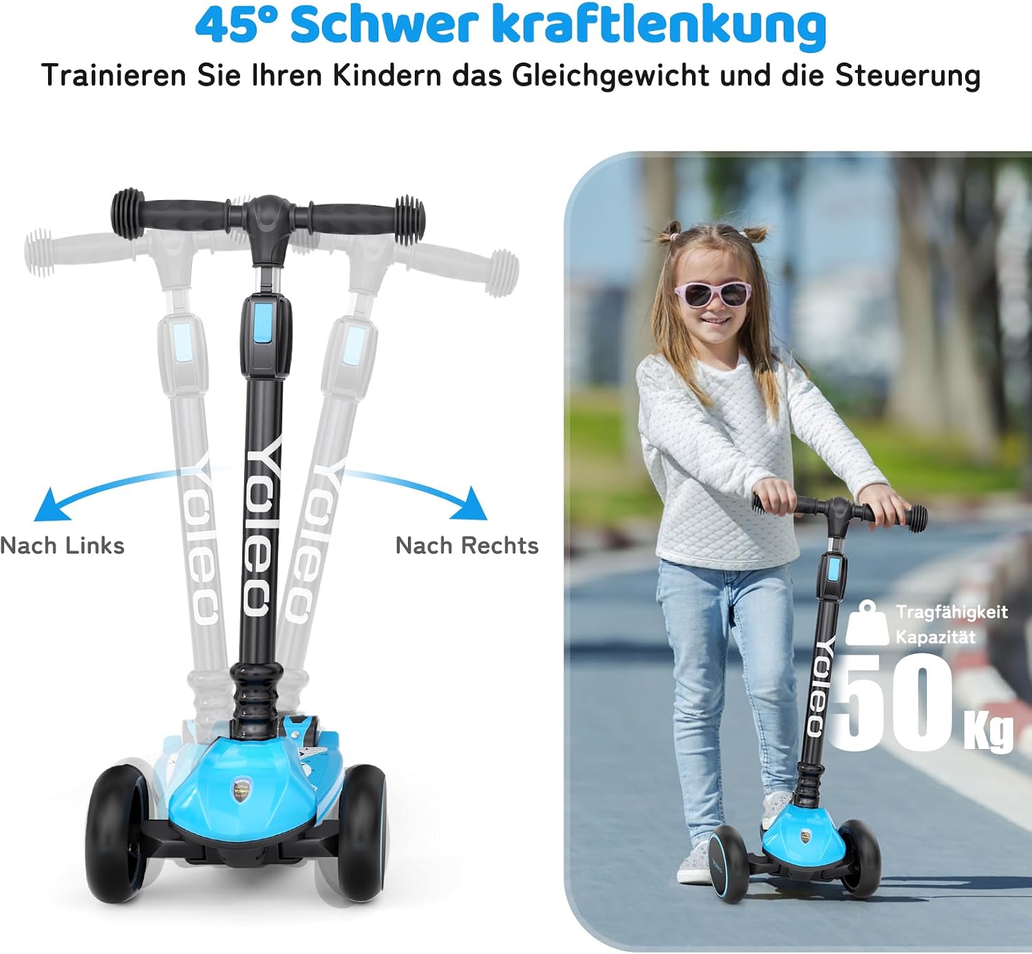Detalle 2 de YOLEO Kinderoller Dreiradscooter mit leuchtenden PU-Rädern, verstellbarem Lenker und Faltmechanik – ab 3 Jahren