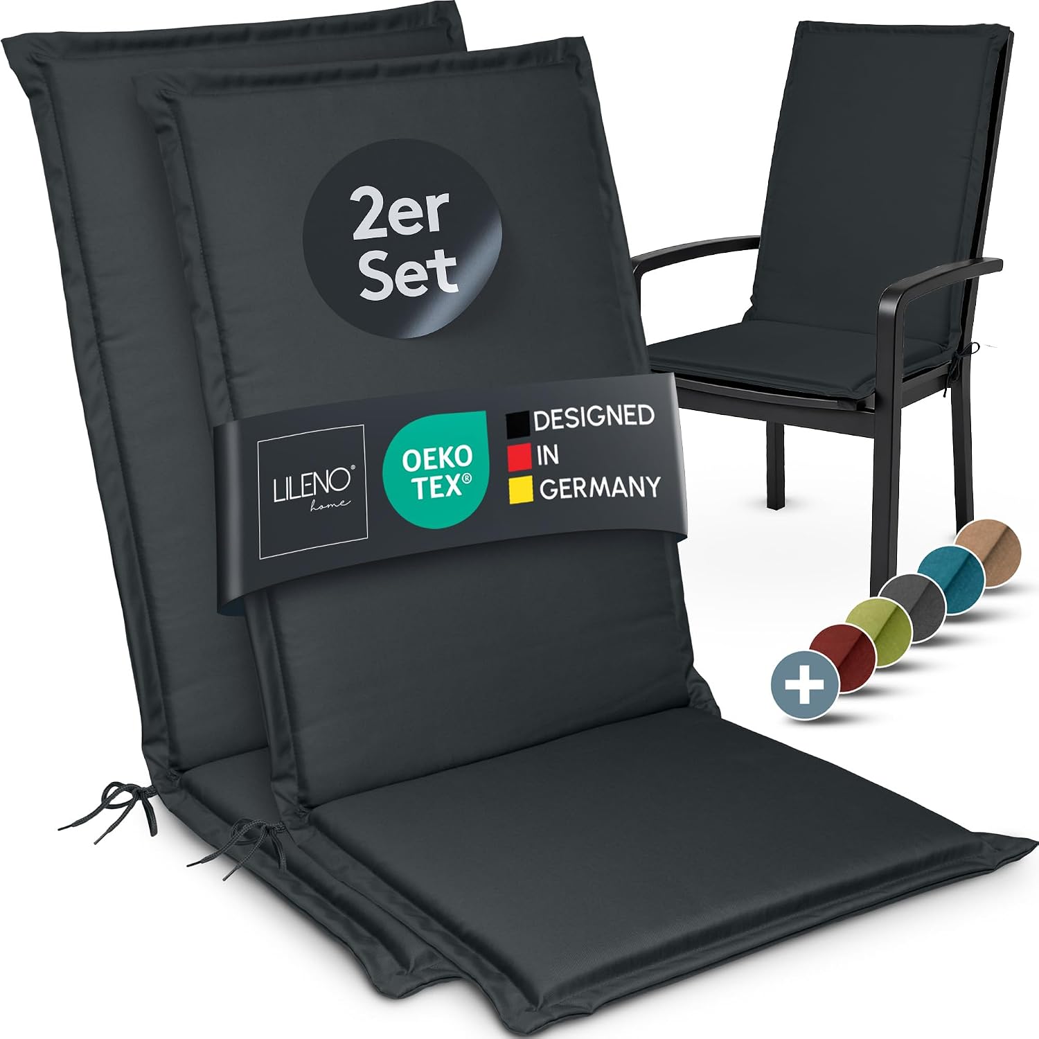 Detalle de LILENO HOME Gartenstuhl Auflagen Hochlehner (2er Set) in Anthrazit – Sitzpolster für Gartenstühle und Klappstühle MIA