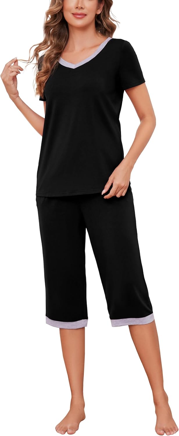 Thumbnail 1 de Actcat Damen-Schlafanzug Set mit V-Ausschnitt: Kurzarm-Top & 3/4 Hose