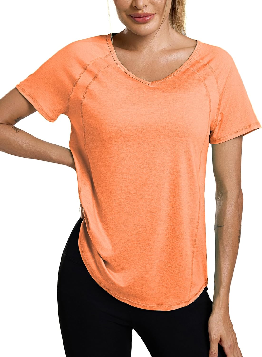 Detalle de Wayleb Maglietta Sportiva da Donna, Scollo a V, Manica Raglan, Traspirante — T-Shirt Fitness e Yoga