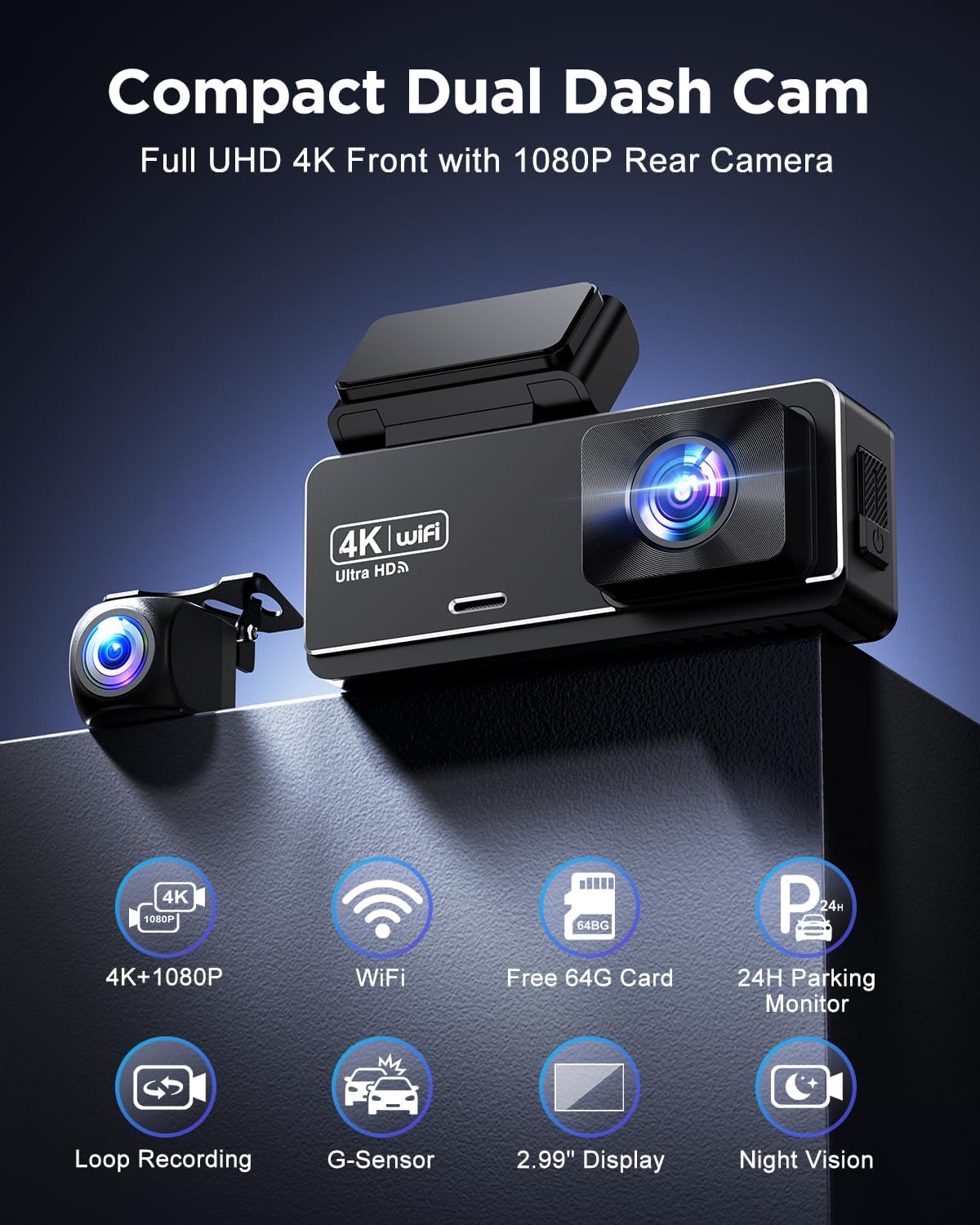 Detalle 2 de PENEMAY Dash Cam Front and Rear 4K+1080P with Free 64GB Card — 2.99” IPS, Wi‑Fi, 24H Parking, G‑Sensor