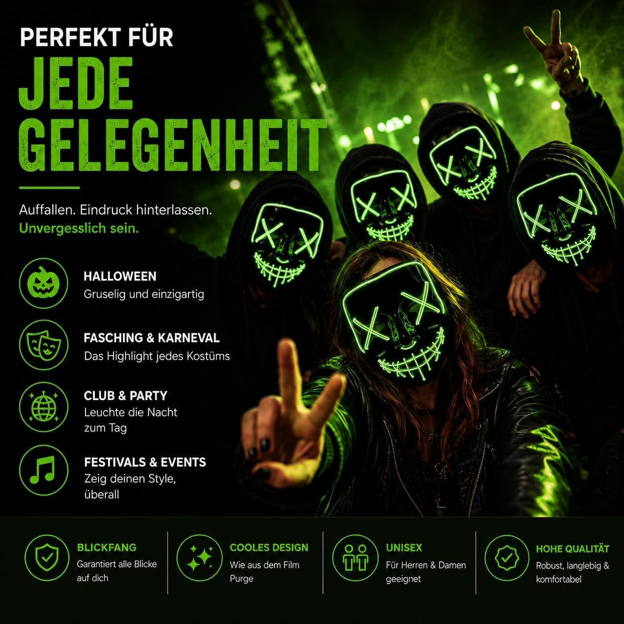Detalle 2 de TK Gruppe Timo Klingler Purge LED-horrormasker met 3 instelbare lichteffecten
