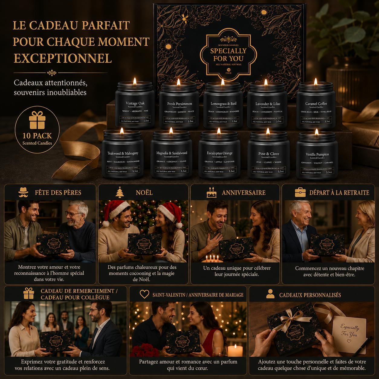 Detalle de Lot de 10 Bougies Parfumées pour Homme – Coffret Cadeau Premium en Verre et Pots Noirs