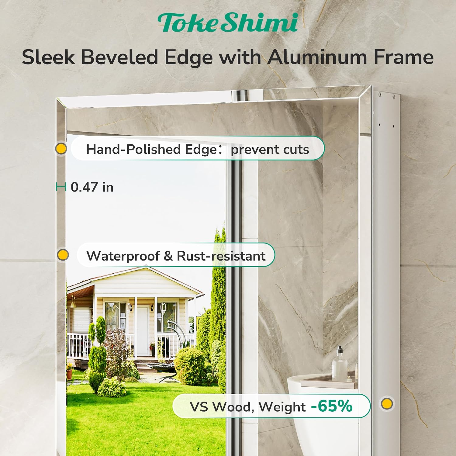 Detalle de TokeShimi 24 x 32 Mirrored Medicine Cabinet with Beveled Mirror, Aluminum Frame, and Dual Mount Options