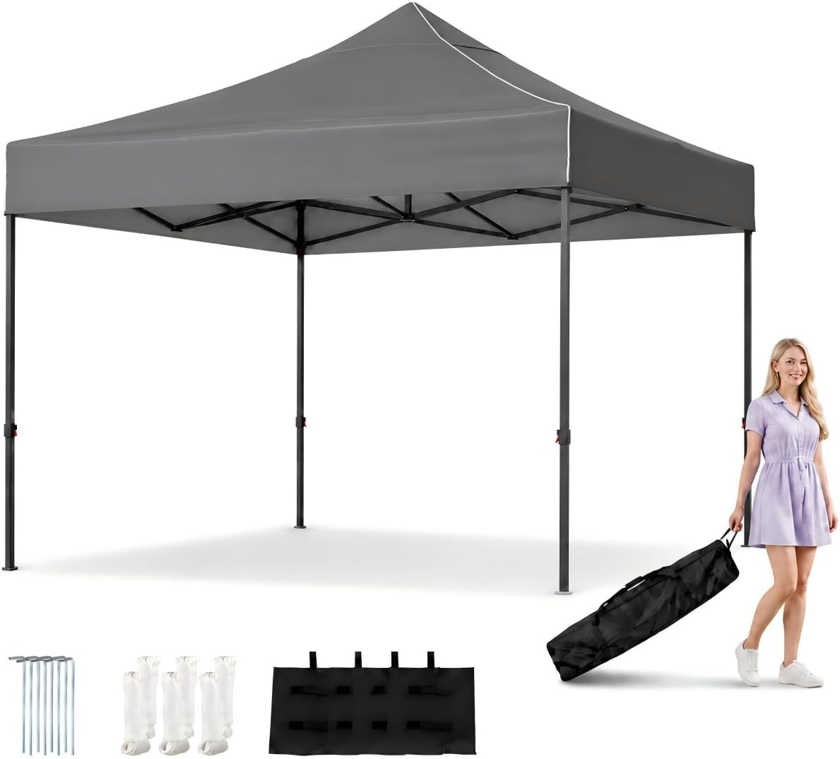 Detalle de Aoxun 10x10 Pop-Up Canopy Tent, Gray, 420D Oxford Fabric with Wheeled Bag