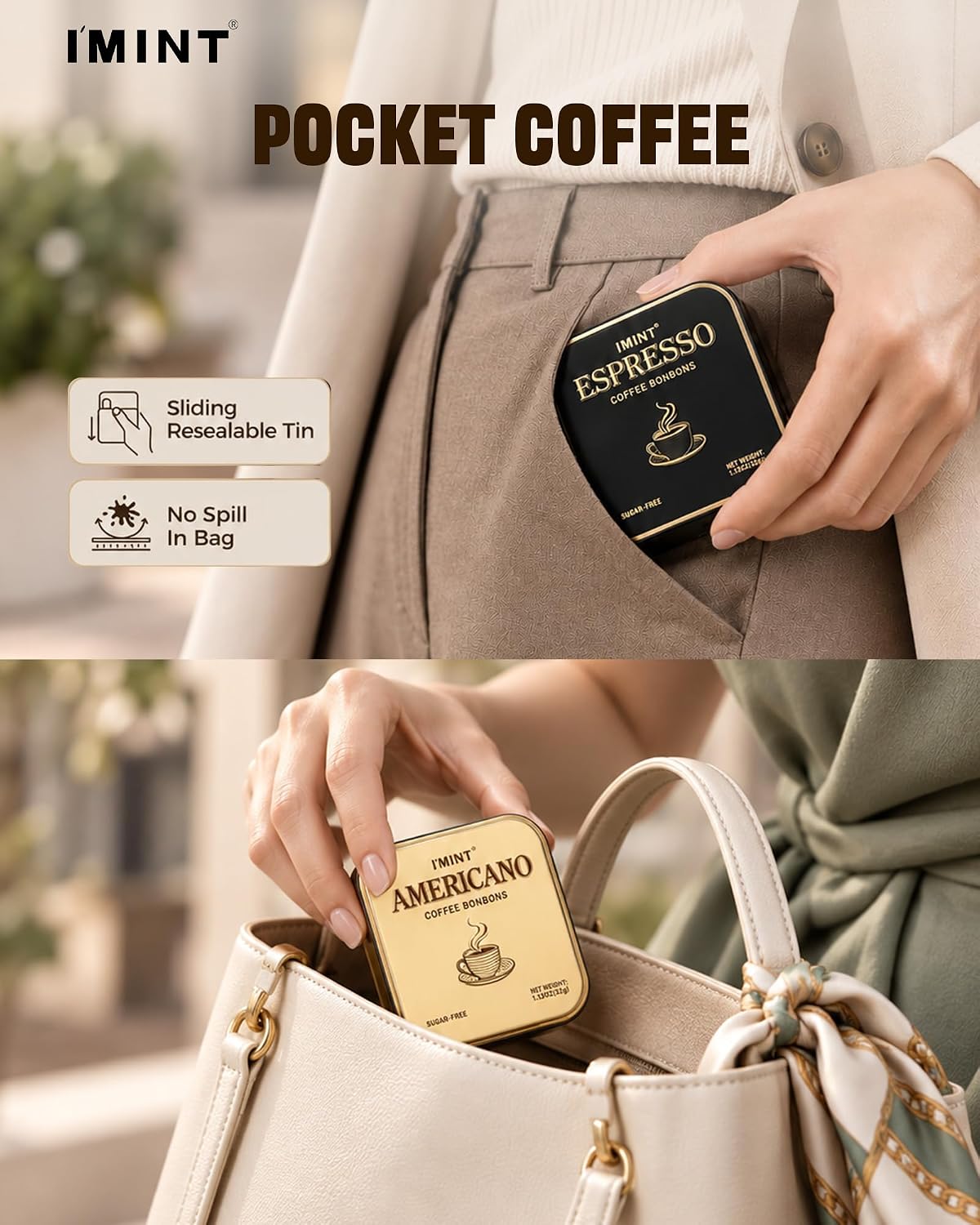 Detalle 1 de I'MINT Sugar-Free Coffee Candy Duo, Espresso & Americano, Xylitol Iron Tins