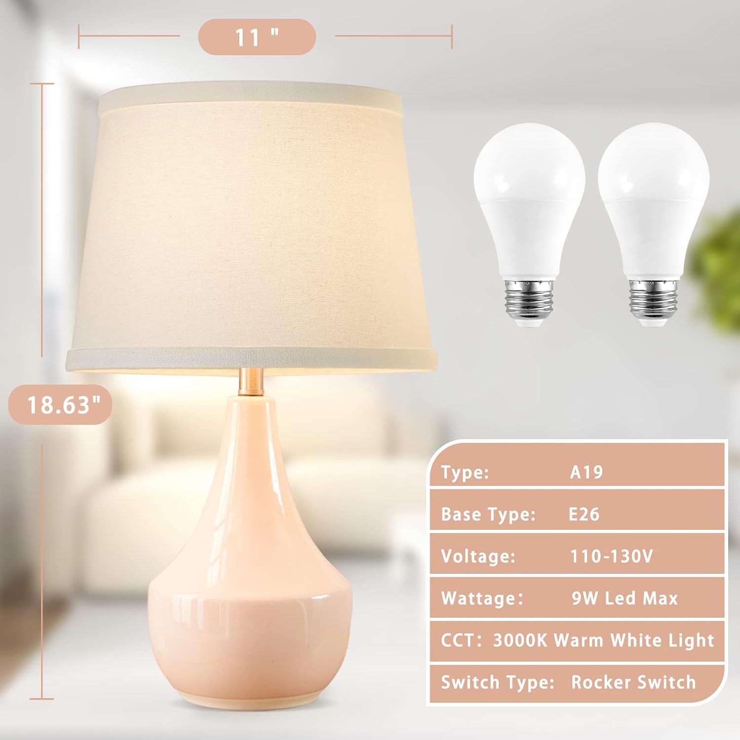 Detalle 2 de GyroVu T00173 Ceramic Table Lamp Set of 2, Pink with E26 LED Bulbs