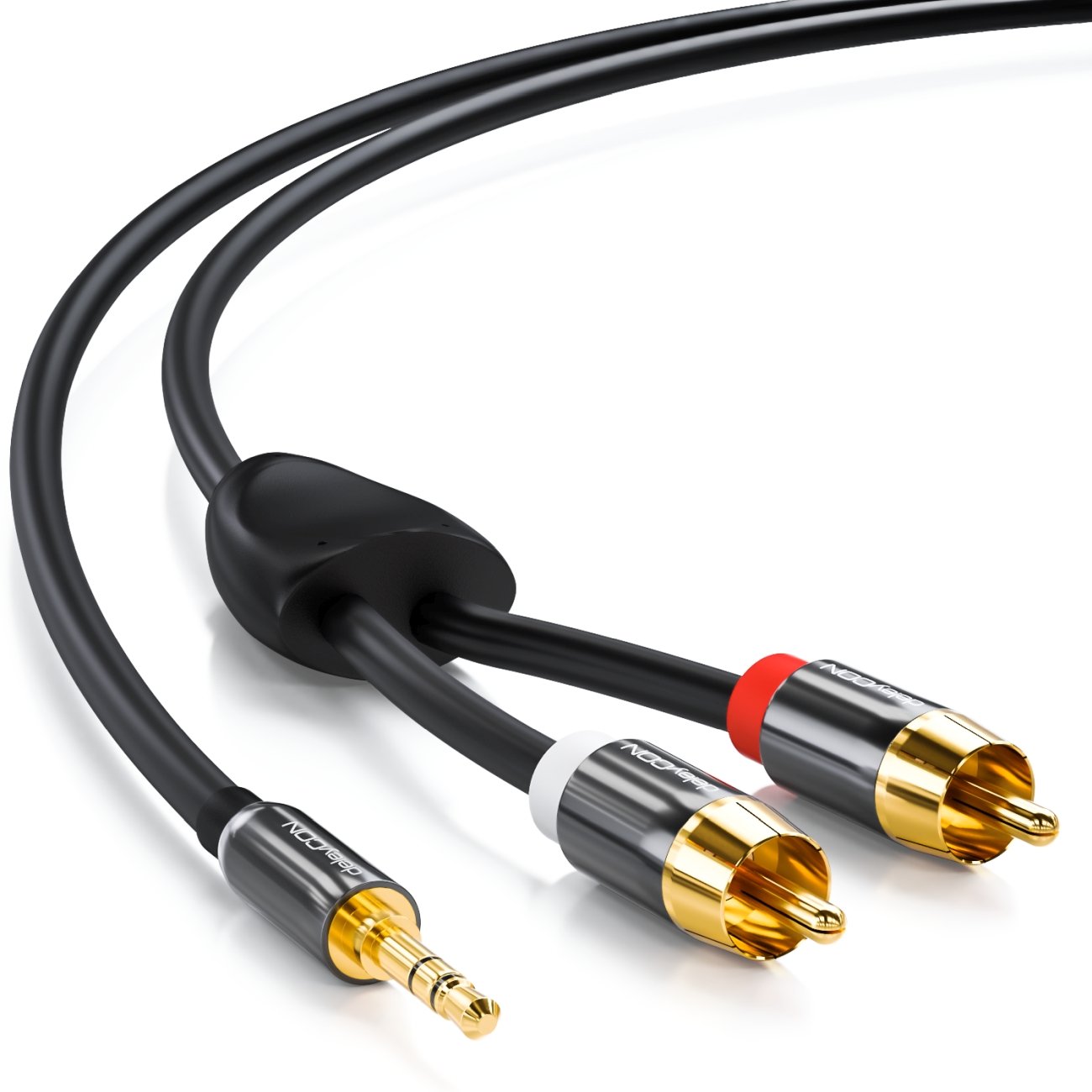 Thumbnail 1 de deleyCON 5m Klinkenkabel Cinch-Kabel – 3,5 mm Klinke zu Cinch RCA, 1x Klinkenstecker auf 2x RCA, Metallstecker, Schwarz