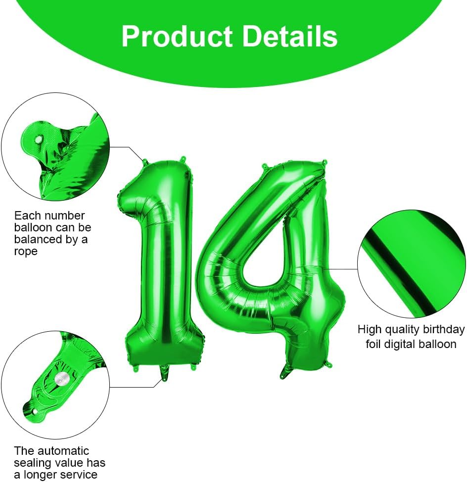 Thumbnail 2 de OFFCUP Ballon d’anniversaire 14 ans vert numéro 10–1 (101 cm) en aluminium auto-obturant