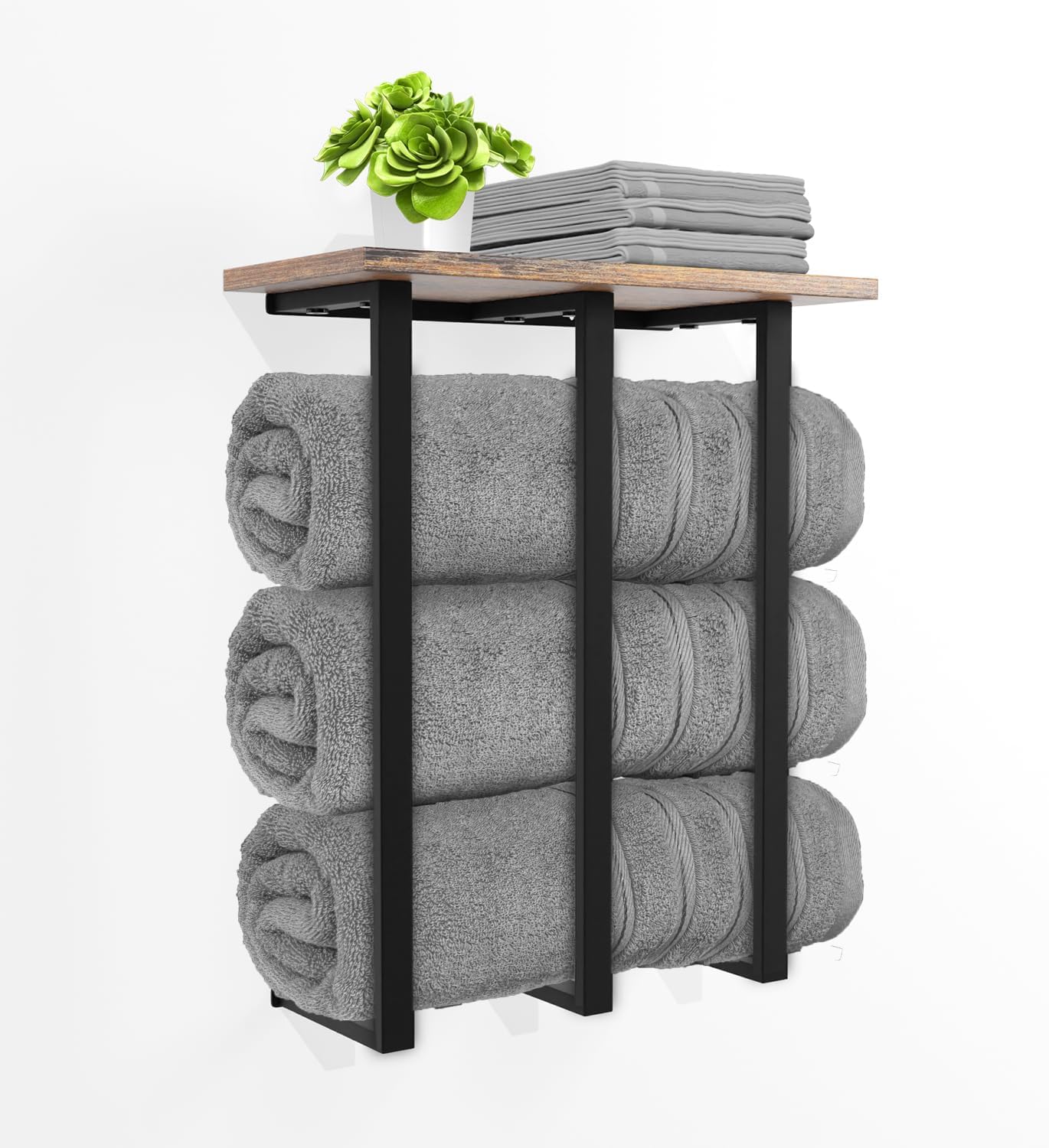 Thumbnail 6 de Portasciugamani da parete con ripiano e contenitore – 3 barre in ferro, portata 25 kg, design MDF