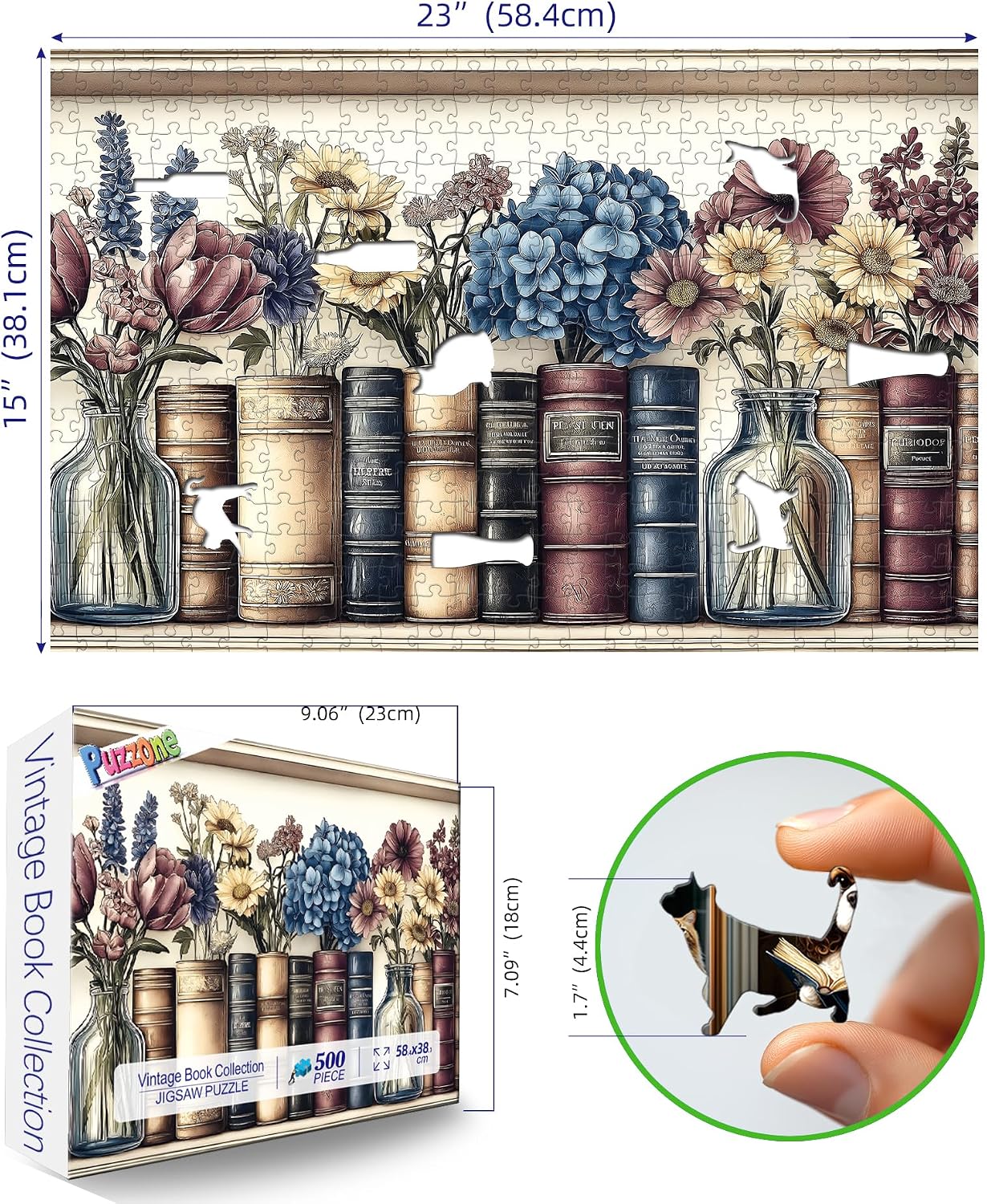Detalle 2 de PuzzOne 500-Piece Wildflower Vintage Book Collection Jigsaw Puzzle for Adults (23" x 15")
