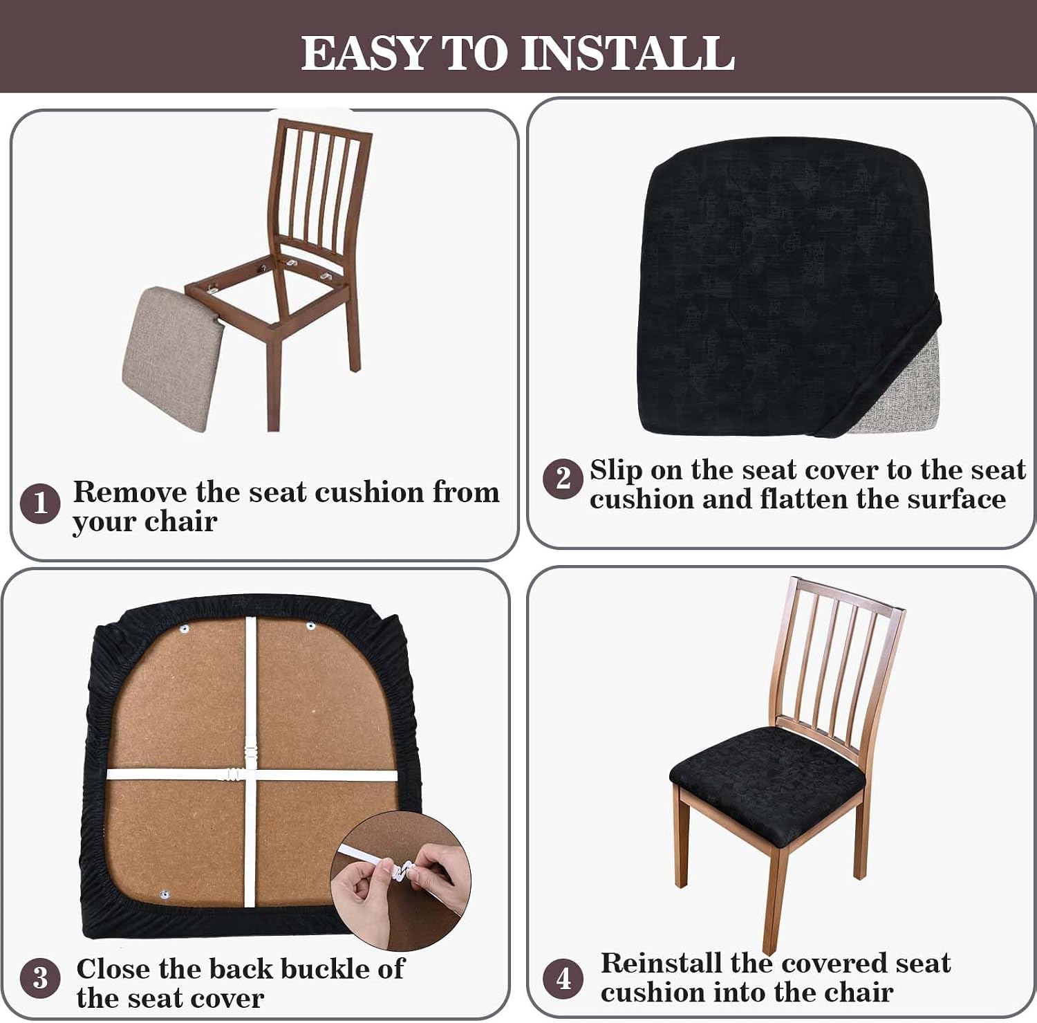 Thumbnail 5 de Alishomtll Dining Chair Covers, Set of 6 Faux Leather PU Slipcovers with Buckles – Black