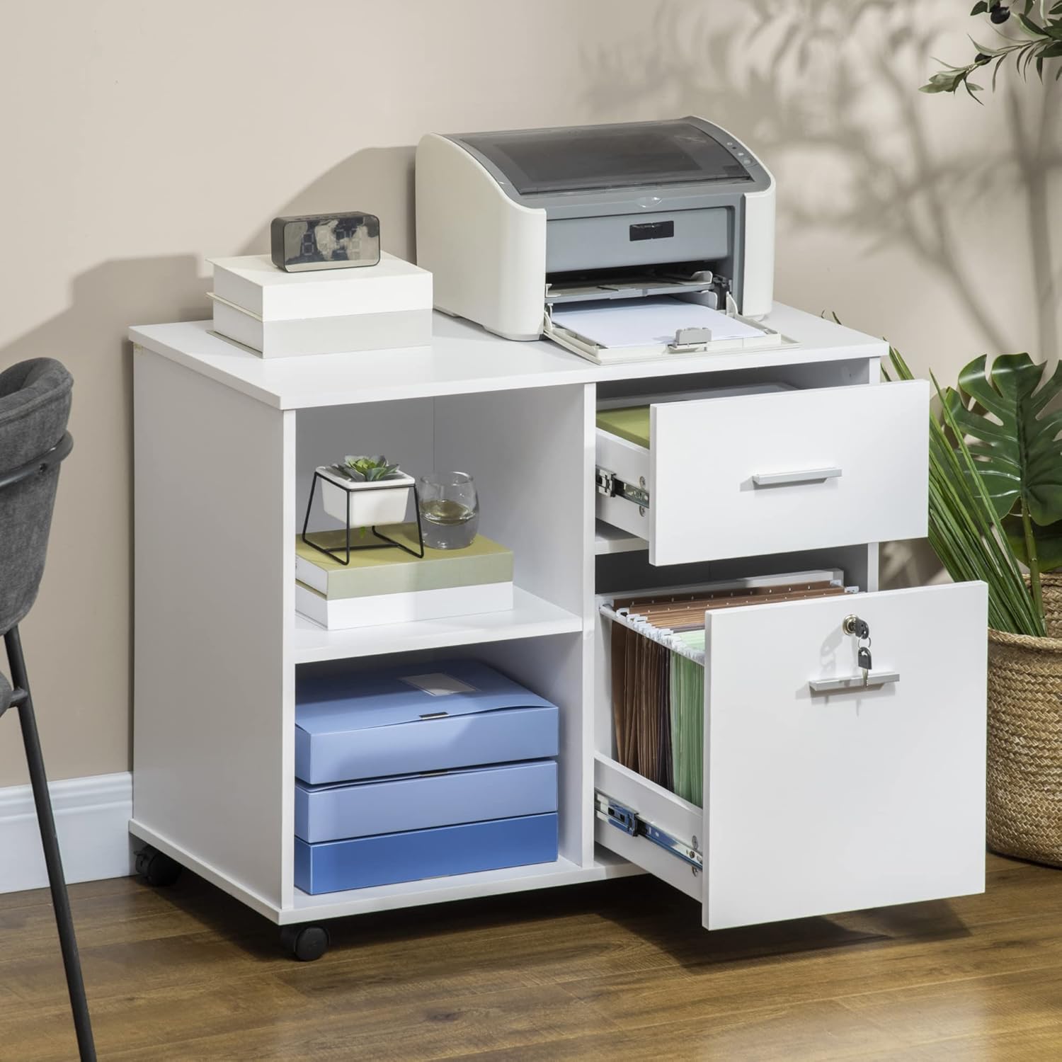 Detalle de Vinsetto Caisson de Bureau verrouillable avec 2 tiroirs et support d’imprimante – Blanc bois 86,3 x 40 x 66,5 cm