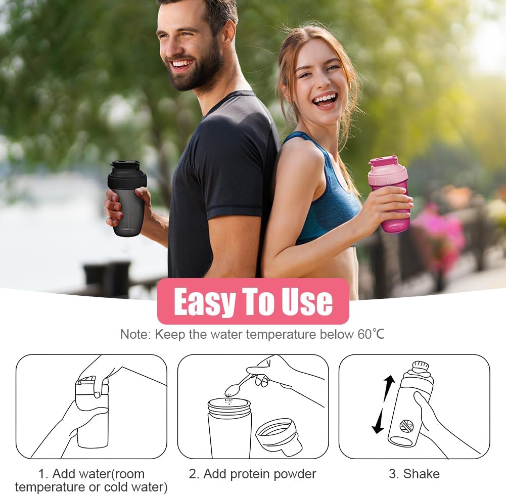 Thumbnail 3 de Alaoo Protein Shaker Bottle 500ml, 2-Pack with Metal Mixing Ball – Black & Rose Red