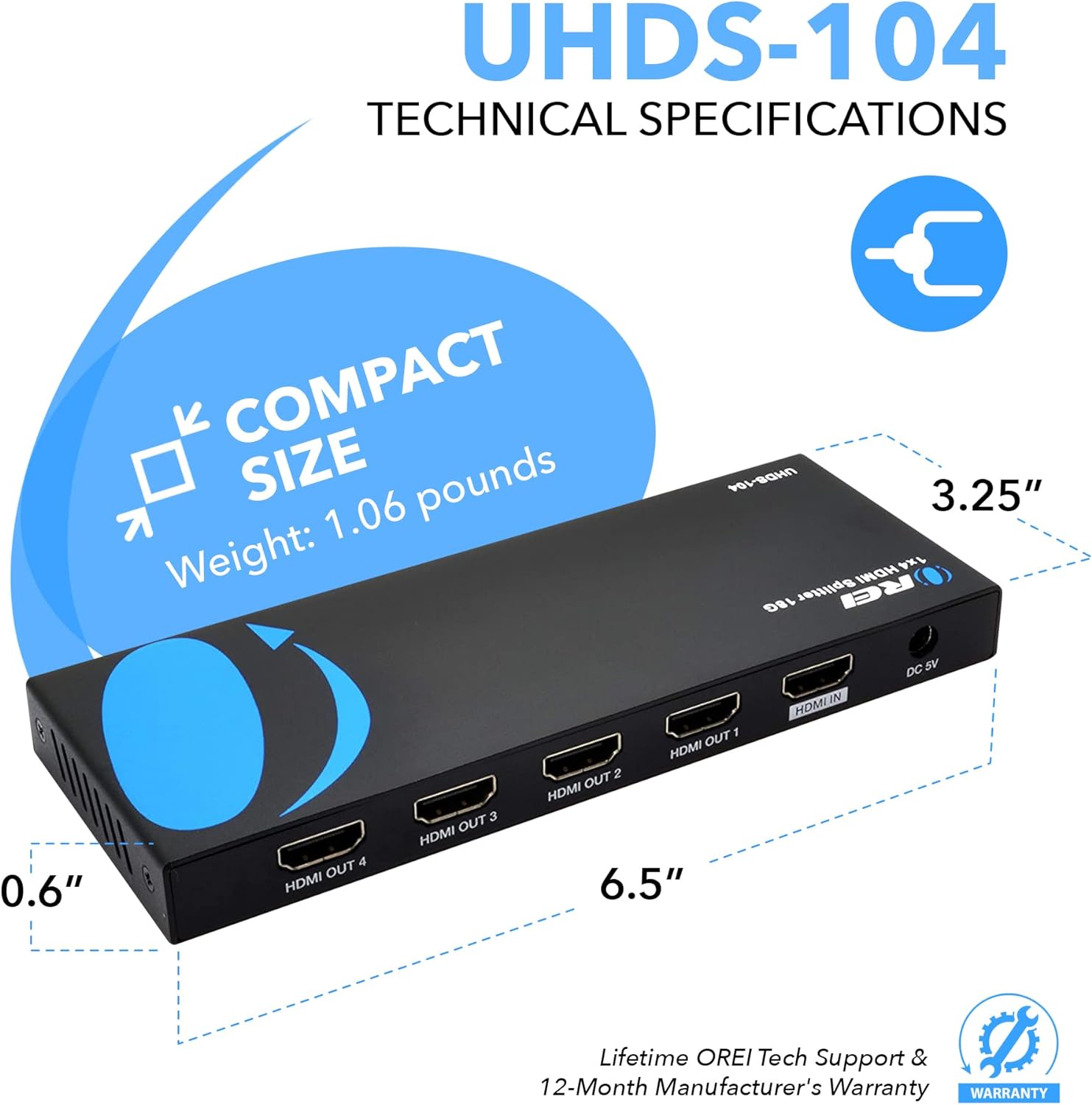 Detalle 1 de OREI UHDS-104 UltraHD 4K HDMI 1x4 Splitter (HDMI 2.0, 4K@60Hz, HDCP 2.0, EDID Management)