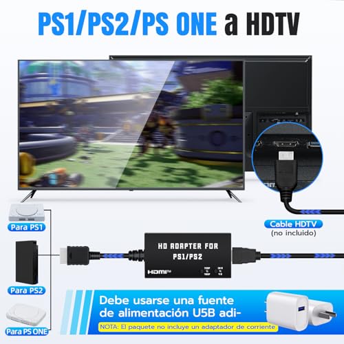 Detalle 2 de McBazel Adaptador PS1/PS2 a HDMI: Convertidor HDMI para PS1/PS2 con 4:3/16:9 y 480p/720p