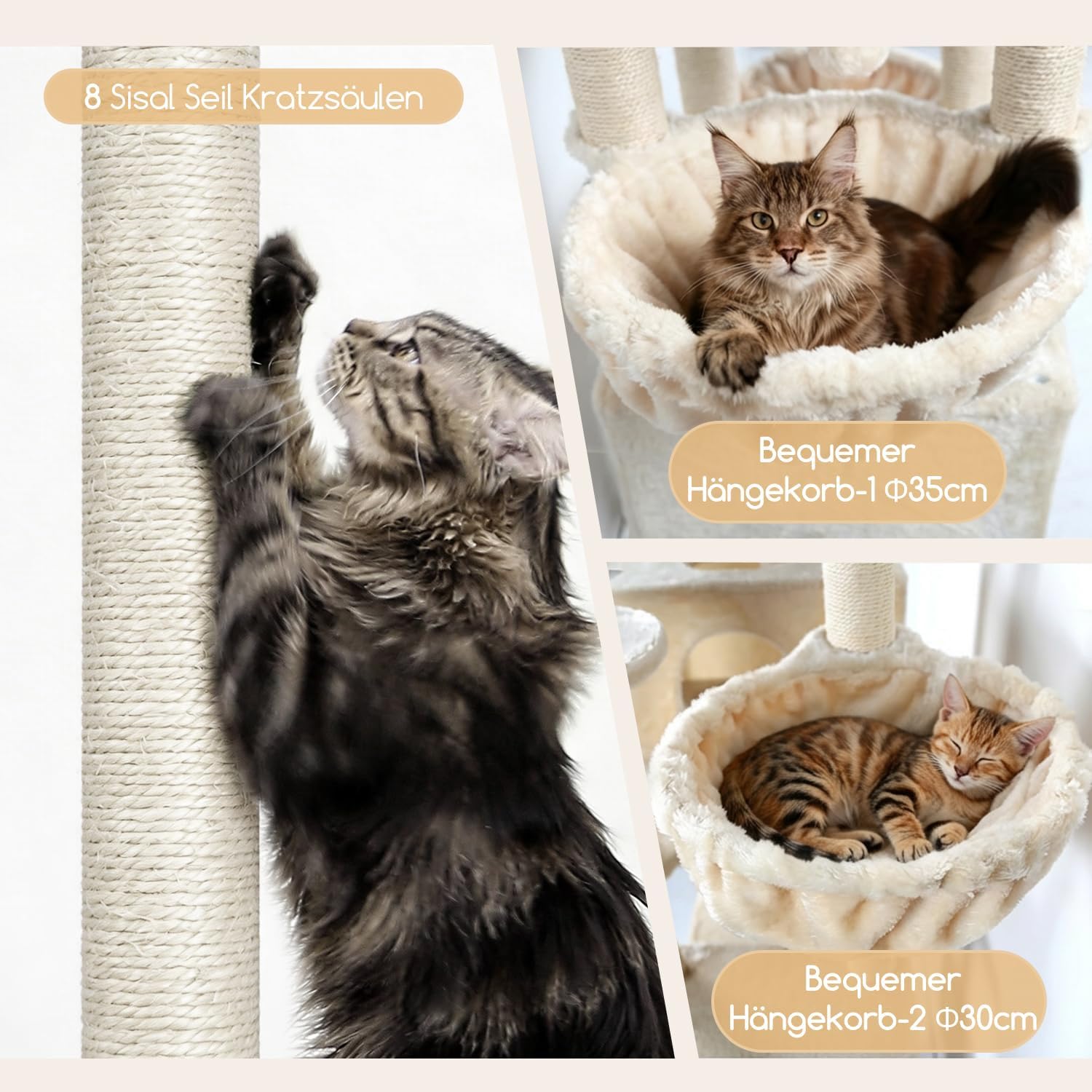 Thumbnail 3 de Globlazer Kratzbaum Beige Groß XXL (209 cm) mit 2 Katzenhäusern, 3 Körben und 8 Sisal-Kratzsäulen