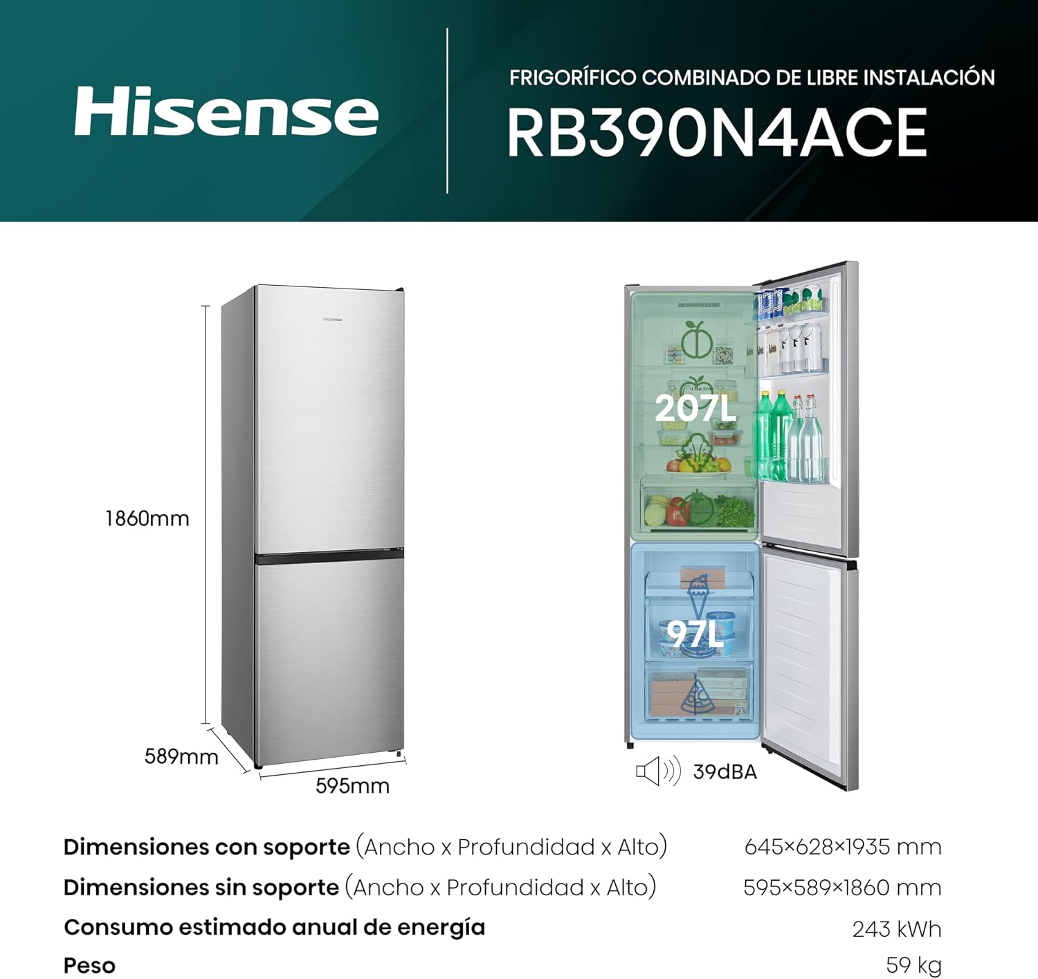 Detalle 2 de Hisense RB390N4ACE frigorífico combi 304 L silencioso