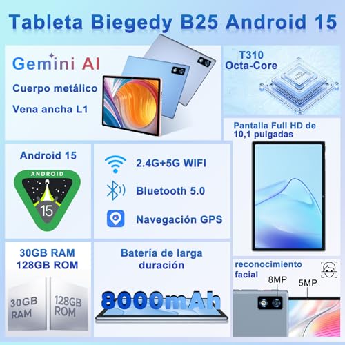 Detalle de BIEGEDY B25 Tablet Android 15 con Gemini AI – 10'', 30 GB RAM, 128 GB ROM, 5G WiFi 6, Keyboard y Ratón