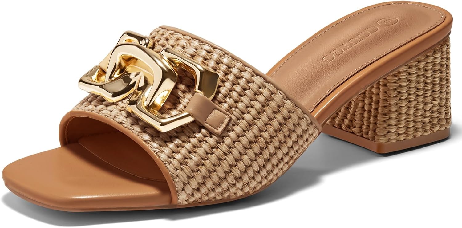 Thumbnail 6 de Coutgo Women’s Raffia Slide Sandals with Square Toe, Metal Chain Detail, and Chunky Block Heel