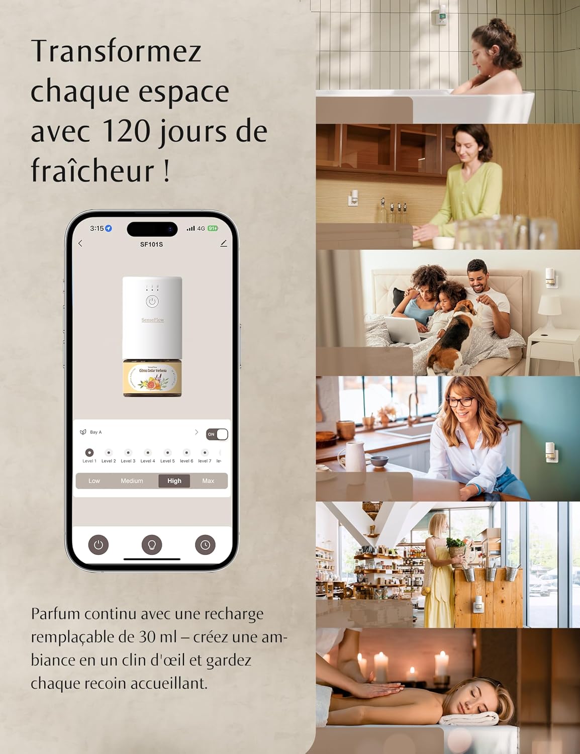 Detalle de SenseFlow Diffuseur Huiles Essentielles Parfum Maison SF101S Pro – Poire & Freesia, ultrasonique sans eau