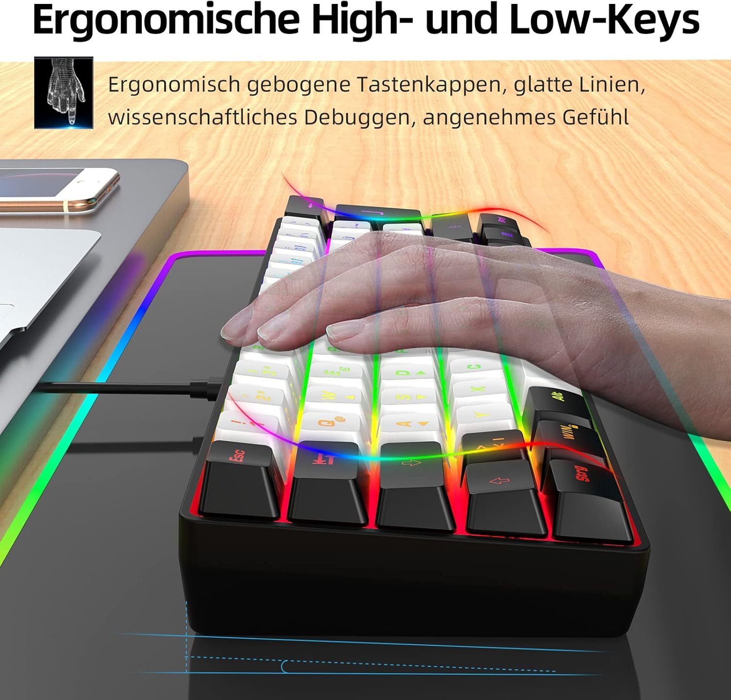 Thumbnail 2 de Snpurdiri 60% Percent Gaming-Tastatur (schwarz/weiß, deutsches Alphabet, ohne Ziffernblock)